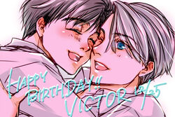  2boys ;d ^_^ black_hair cheek-to-cheek closed_eyes commentary_request dated grey_hair happy_birthday heads_together hug katsuki_yuuri male_focus marine_(1894271) multiple_boys one_eye_closed open_mouth smile viktor_nikiforov yuri!!!_on_ice 