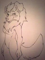  anthro apes avoid_posting canid canine female fur hair looking_at_viewer mammal monochrome nude smile solo traditional_media_(artwork) 