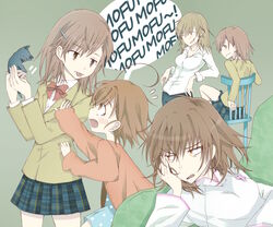  5girls ahoge animal black_cat breasts brown_eyes brown_hair commentary_request dress feline hair_ornament hairpin holding holding_animal holding_cat kanata_(mizubenisumutori) last_order_(toaru_majutsu_no_index) medium_breasts medium_hair misaka_imouto misaka_imouto_10032 misaka_imouto_10032&#039;s_cat misaka_mikoto misaka_misuzu misaka_worst mother_and_daughter multiple_girls parent_and_child polka_dot polka_dot_dress romaji_text school_uniform siblings sisters skirt toaru_majutsu_no_index toaru_majutsu_no_index:_new_testament tokiwadai_school_uniform tongue tongue_out translated uniform vietnamese_dress 