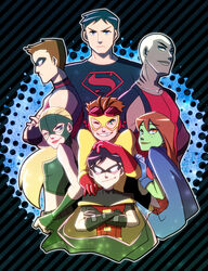  2girls 5boys aqua_lad artemis_crock black_hair blonde_hair blue_eyes cape cartoon_network crossed_arms dark_skin dc_comics dick_grayson domino_mask freckles gills gloves goggles goggles_on_head green_eyes green_skin kaldur&#039;ahm kid_flash ladama long_hair mask midriff miss_martian multiple_boys multiple_girls orange_hair red_arrow robin_(dc) roy_harper s_shield sleeveless smile superboy tattoo wally_west wink young_justice young_justice:_invasion 