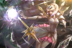  bad_id bad_pixiv_id blue_eyes breasts cleavage cowboy_shot crystal dress elbow_gloves elementalist_lux female gem gloves glowing glowing_weapon hairband highres jewelry large_breasts league_of_legends leg_up light light_elementalist_lux linger_ftc looking_to_the_side lux_(league_of_legends) magic miniskirt open_mouth outdoors outstretched_arm outstretched_hand pink_skirt pleated_skirt short_hair skirt solo staff tiara vambraces weapon white_dress white_gloves white_hair wind 