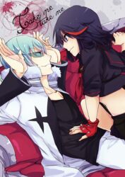  1boy black_hair blue_hair commentary_request english_text eye_contact female fingerless_gloves glasses gloves hands_up highres inumuta_houka kill_la_kill looking_at_another matoi_ryuuko midriff multicolored_hair short_hair streaked_hair uniform yunkru 