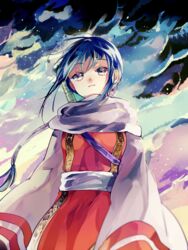  asako_(itiba) chinese_clothes commentary_request female kingdom_(series) kyoukai_(kingdom) long_hair ponytail scarf solo sword weapon 