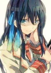  aqua_eyes bad_id bad_pixiv_id black_hair blazer blue_eyes blue_ribbon closed_mouth collared_shirt d-ne female gradient_eyes gradient_ribbon grey_sweater hair_between_eyes hair_ribbon hand_on_own_cheek hand_on_own_face holding jacket lapels long_hair long_sleeves multicolored_clothes multicolored_eyes multicolored_jacket necktie notched_lapels red_jacket red_necktie red_trim ribbon school_uniform shirt shuuen_no_shiori_project simple_background sleeve_cuffs smile striped striped_clothes sweater toa_(sarara23) two-tone_jacket upper_body vertical-striped_clothes vertical-striped_necktie vertical_stripes white_background white_shirt yellow_eyes yellow_jacket 