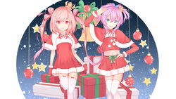  2girls :d absurdres asymmetrical_hair azur_lane bell blue_eyes bow box capelet christmas_ornaments commentary_request crown detached_sleeves dress fur-trimmed_capelet fur-trimmed_dress fur-trimmed_gloves fur-trimmed_shirt fur-trimmed_skirt fur-trimmed_sleeves fur_trim gift gift_box gloves hair_between_eyes hair_ribbon hairbow hand_on_own_hip head_tilt highres javelin_(azur_lane) juno_(azur_lane) loafers long_hair long_sleeves looking_at_viewer midriff mini_crown multiple_girls navel open_mouth pink_bow pink_eyes pink_hair purple_hair purple_ribbon red_capelet red_dress red_footwear red_gloves red_shirt red_skirt ribbon ribbon-trimmed_legwear ribbon_trim salute shirt shoes skirt smile standing standing_on_one_leg star_(symbol) striped striped_bow thighhighs twintails uneven_twintails very_long_hair white_thighhighs zuu_(qq770463651) 