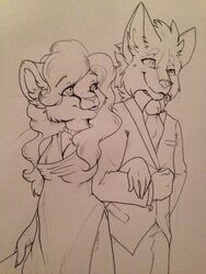  anthro apes arm_in_arm avoid_posting canine clothed clothing duo felid female male male/female mammal smile standing tongue tongue_out traditional_media_(artwork) 