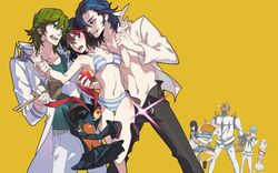  4boys 4girls apple black_hair blue_hair bra commentary_request crying food fruit gamagoori_ira green_hair holding_another&#039;s_wrist hugging_own_legs inumuta_houka jakuzure_nonon jealous junketsu kill_la_kill kiryuuin_satsuki konnyaku_(food) living_clothes mankanshoku_mako mask_alice matoi_ryuuko mikisugi_aikurou multiple_boys multiple_girls navel open_clothes open_shirt panties sanageyama_uzu school_uniform senketsu serafuku shirt striped_bra striped_clothes striped_panties underwear underwear_only uniform unworn_clothes yellow_background you_gonna_get_raped 