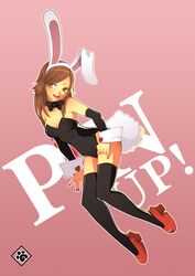  animal_ears black_thighhighs bow bowtie breasts brown_eyes brown_hair cleavage commentary_request detached_sleeves fake_animal_ears female full_body heart long_hair medium_breasts nail_polish original playboy_bunny rabbit_ears rabbit_tail red_footwear ronron-ron shoes solo tail thighhighs wrist_cuffs 