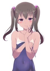  bad_id bad_pixiv_id bare_arms bare_shoulders blue_one-piece_swimsuit blush brown_hair collarbone competition_school_swimsuit covered_navel female flat_chest hair_bobbles hair_ornament hand_on_own_chest hand_on_own_face highres kurosa_kichi long_hair long_sleeves one-piece_swimsuit one-piece_tan photokano plaid red_eyes sakura_mai_(photokano) school_swimsuit sidelocks simple_background skin_tight smile solo spaghetti_strap strap_slip swimsuit tan tanlines twintails upper_body white_background 