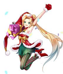  alternate_hair_color ambitious_elf_jinx blonde_hair christmas christmas_tree female gloves high_heel_boots jinx_(league_of_legends) league_of_legends long_hair pointy_ears santa_hat skirt thighhighs 