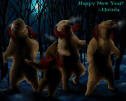  anthro bear brown_bear claws clothing dancing festival forest fur grizzly_bear group headgear headwear hi_res holidays light mammal moonlight new_year plant romania snow teeth tree uitinla ursine winter 