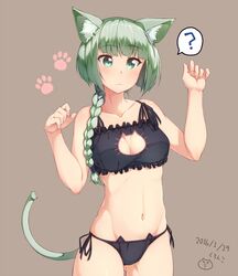  ? animal_ears bob_cut braid breasts cat_cutout cat_ear_panties cat_ears cat_lingerie cat_tail cleavage_cutout clothing_cutout collarbone commentary_request female green_eyes green_hair hair_over_shoulder highres kuroneko_shiro long_hair medium_breasts meme_attire navel original panties short_hair_with_long_locks side-tie_panties simple_background single_braid solo tail underwear 