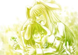  2girls animal_ears bad_id bad_pixiv_id blush closed_eyes clover crying four-leaf_clover friends green_theme head_hold hug inaba_tewi long_hair monochrome multiple_girls one_eye_closed open_mouth rabbit_ears reisen_udongein_inaba short_hair tears touhou upper_body yoshike~to 