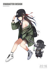  2016 artist_name backpack bad_id bad_pixiv_id bag bare_shoulders baseball_cap between_legs black_shorts black_skirt braid brown_hair closed_mouth coat commentary copyright_name drinking_straw earrings female french_braid full_body glint gloves green_coat green_eyes hand_between_legs hand_on_headwear hat hat_tip headphones headphones_around_neck highres holding invisible_chair jewelry kinugasa_(warship_girls_r) long_hair looking_at_viewer necklace off_shoulder one_side_up open_clothes open_coat photoshop_(medium) pleated_skirt robot shi-chen shoes shorts simple_background sitting skirt smile sneakers socks turret warship_girls_r white_background white_gloves white_legwear wristband 