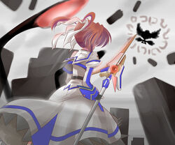  commentary_request crossover female fingerless_gloves gloves hair_ribbon long_hair lyrical_nanoha mahou_shoujo_lyrical_nanoha mahou_shoujo_madoka_magica mahou_shoujo_madoka_magica_(anime) raising_heart raising_heart_(cannon_mode) ribbon spoilers takamachi_nanoha takamachi_nanoha_(movie_1st_mode) walpurgisnacht_(madoka_magica) yoimu 