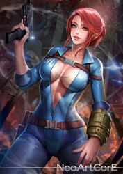  artist_name belt bra breasts brown_belt buckle cleavage commentary commission compensator cowboy_shot english_commentary extended_magazine eyelashes fallout_(series) fallout_3 female fingernails green_eyes gun h&amp;k_usp handgun holding holding_gun holding_weapon holster large_breasts lips lone_wanderer looking_at_viewer neoartcore parted_lips partially_unzipped photoshop_(medium) pink_lips pink_nails pip_boy red_hair smile snap-fit_buckle solo trigger_discipline underwear unzipped updo upper_body vault_suit watermark weapon web_address 