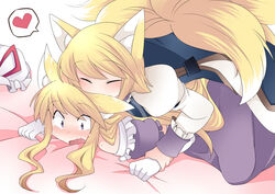  2girls ^_^ animal_ears bad_id bad_pixiv_id bite_mark biting blonde_hair blush closed_eyes cowgirl_position ear_biting eargasm elbow_gloves fox_ears fox_tail gloves hammer_(sunset_beach) hat heart holding_another&#039;s_wrist kemonomimi_mode long_hair multiple_girls multiple_tails oerba_yun_fang playing_with_another&#039;s_ears purple_eyes saliva short_hair sidelocks tail tears touhou uncommon_stimulation unworn_hat unworn_headwear white_gloves yakumo_ran yakumo_yukari yuri 