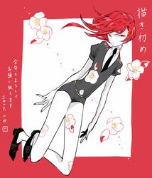  1other androgynous black_necktie black_shorts cinnabar_(houseki_no_kuni) cojima commentary_request flower gem_uniform_(houseki_no_kuni) houseki_no_kuni long_hair nail_polish necktie other_focus red_eyes red_hair shirt short_sleeves shorts solo white_shirt 