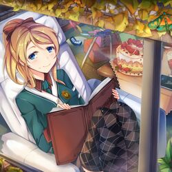  argyle_clothes argyle_legwear ayase_eli bad_id bad_pixiv_id blonde_hair blue_eyes book cake commentary_request female food kalian love_live! love_live!_school_idol_festival love_live!_school_idol_project ponytail sitting skirt solo tears thighhighs 