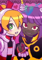  2girls antennae blonde_hair bob_cut call_(mighty_no._9) call_f cape dark_skin dress duo dynatron_(mighty_no._9) eyebrows fingerless_gloves gloves green_eyes hairband headphones heart jacket long_hair mighty_no._3 mighty_no._9 multiple_girls ponytail purple_hair red_eyes ribbon sharp_teeth shirt short_hair teeth tied_hair 