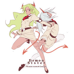  2boys commentary_request cosplay crossdressing demon_tail eyepatch green_hair grey_hair horns inazuma_eleven inazuma_eleven_(series) kiu_(la1961) kneesocks_(psg) kneesocks_(psg)_(cosplay) long_hair looking_back midorikawa_ryuuji multiple_boys otoko_no_ko outstretched_arms panty_&amp;_stocking_with_garterbelt photoshop_(medium) sakuma_jirou scanty_(psg) scanty_(psg)_(cosplay) siblings single_horn sisters spread_arms tail thighhighs 