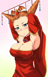  :o amau_(kosmos) armpits arms_behind_head arms_up bare_shoulders bat_(animal) blue_eyes blush breasts cleavage commentary_request covered_nipples detached_collar detached_sleeves dress drill_hair embarrassed female gem gradient_background hair_ornament jewelry karyuu_koujo large_breasts looking_at_viewer maoyuu_maou_yuusha open_mouth orange_hair shirt sleeves_past_wrists solo taut_clothes taut_shirt twin_drills twintails upper_body wide_hips wide_sleeves 