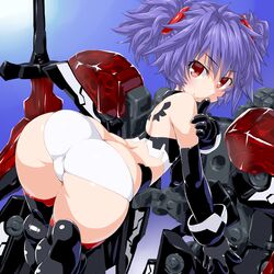  altines ass bad_id bad_pixiv_id bent_over blush bursting_ass busou_shinki butt_crack cameltoe dd_(ijigendd) doll_joints elbow_gloves female finger_to_mouth from_behind gloves highres joints looking_at_viewer looking_back machinery power_suit purple_hair red_eyes shiny_clothes shiny_skin short_hair short_twintails shushing skindentation smile solo sword thighhighs thighs twintails weapon 