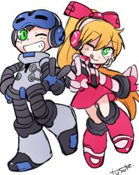  1boy armor beck_(mighty_no._9) blonde_hair boots call_(mighty_no._9) call_f dress duo female fingerless_gloves gloves green_eyes hairband headphones helmet jacket long_hair mighty_no._9 one_eye_closed ponytail ribbon shirt simple_background tied_hair white_background wink 