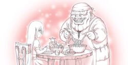  1boy adoption beard bread chair closed_eyes dress elf facial_hair father_and_daughter female food grin harahachibu_ajinosuke monochrome moustache original pointy_ears smile sweat table teeth ugly_man 