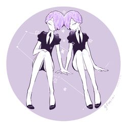  2others amethyst_(houseki_no_kuni) androgynous black_footwear black_necktie braid closed_eyes cojima commentary_request dated gem_uniform_(houseki_no_kuni) hair_over_one_eye holding_hands houseki_no_kuni monochrome multiple_others nail_polish necktie other_focus purple_eyes purple_hair purple_theme shirt short_hair short_sleeves shorts siblings signature twins white_shirt 