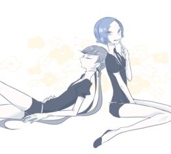  2others androgynous benitoite_(houseki_no_kuni) black_footwear black_hair black_necktie black_shorts blue_eyes blue_hair closed_eyes cojima commentary_request dated finger_to_mouth gem_uniform_(houseki_no_kuni) houseki_no_kuni long_hair multiple_others nail_polish necktie neptunite_(houseki_no_kuni) other_focus shirt short_hair short_sleeves shorts shushing signature sleeping twintails white_shirt 