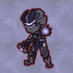  1boy armor assault_visor bad_id bad_pixiv_id blue_visor chibi covered_face dead_space dead_space_2 fushigi_ebi helmet isaac_clarke male_focus plasma_cutter science_fiction solo 