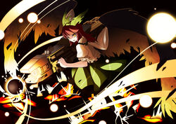  alternate_weapon arm_cannon black_wings bow brown_hair commentary_request energy female green_bow hairbow highres looking_at_viewer reiuji_utsuho solo total9 touhou weapon wings yellow_eyes 