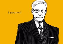  1boy commentary_request formal glasses harry_hart highres kingsman:_the_secret_service male_focus miwa_shirow necktie old old_man pinstripe_pattern pinstripe_suit simple_background solo striped suit 