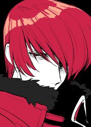  1boy black_background food_fighter_441 fur_collar highres jacket male_focus protected_link red_eyes red_hair the_king_of_fighters the_king_of_fighters_xiv yagami_iori 