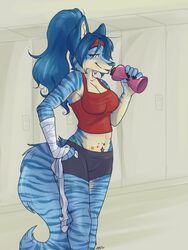  anthro apes athletic avoid_posting bottle breasts canid canine clothed clothing container female hand_wraps inside locker_room looking_at_viewer mammal smile solo standing water_bottle wraps 