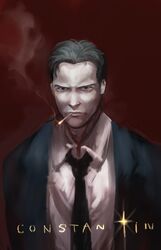  1boy black_necktie character_name cigarette dc_comics frown hellblazer john_constantine necktie smoking solo tetu 