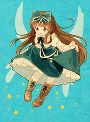  boots bow brown_eyes brown_hair chaba_(hortensia) commentary cross-laced_footwear dress female green_dress hairbow lace-up_boots long_hair open_mouth photoshop_(medium) skirt_hold solo star_(symbol) star_sapphire symbol-only_commentary touhou upskirt wings 