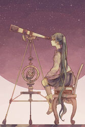  book boots chair commentary_request crimsonseed female green_hair hatsune_miku kneehighs long_hair looking_through_scope profile sitting skirt sky socks solo star_(sky) starry_sky telescope very_long_hair vocaloid 