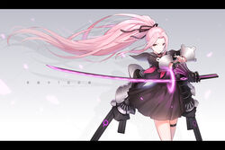  black_serafuku choker commentary copyright_name female forever_7th_capital gaer gauntlets highres katana letterboxed long_hair looking_to_the_side photoshop_(medium) pink_eyes pink_hair pleated_skirt ponytail quan_(kurisu_tina) sailor_collar school_uniform serafuku skirt solo sword thigh_strap very_long_hair weapon wind wind_lift 