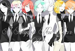  6+others androgynous antarcticite black_eyes black_gloves black_hair black_necktie black_shorts blonde_hair bort cinnabar_(houseki_no_kuni) cojima commentary_request diamond_(houseki_no_kuni) elbow_gloves gem_uniform_(houseki_no_kuni) gloves green_eyes green_hair happy_new_year houseki_no_kuni long_hair multicolored_hair multiple_others necktie new_year orange_eyes orange_hair phosphophyllite red_eyes red_hair shirt short_hair short_sleeves shorts smile thighhighs white_eyes white_hair white_shirt yellow_diamond_(houseki_no_kuni) yellow_eyes zircon_(houseki_no_kuni) 