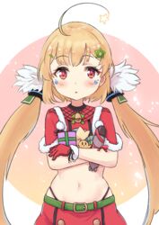  :o ahoge azur_lane bell belt belt_buckle black_panties blonde_hair blush bow box buckle capelet commentary_request eldridge_(azur_lane) eldridge_(holy_night&#039;s_embrace)_(azur_lane) facial_mark female fur-trimmed_capelet fur_trim gift gift_box green_belt hair_ornament highleg highleg_panties highres hugging_object kaede_shiroppu long_hair looking_at_viewer navel official_alternate_costume panties parted_lips red_bow red_capelet red_eyes red_ribbon red_skirt ribbon skirt solo star_(symbol) torpedo twintails underwear very_long_hair 