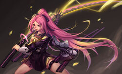  absurdres black_serafuku black_skirt brown_eyes commentary_request eyelashes female floating_hair forever_7th_capital gaer gauntlets highres holding holding_sword holding_weapon katana lips lmz1234tapir long_hair neckerchief photoshop_(medium) pleated_skirt ponytail purple_hair sailor_collar school_uniform serafuku single_gauntlet skirt solo sword thigh_strap very_long_hair weapon 