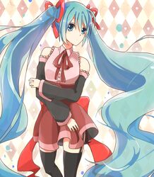  aqua_eyes aqua_hair argyle_background bad_id bad_pixiv_id detached_sleeves female garter_straps hair_ribbon hatsune_miku long_hair ribbon skirt solo soyaka thighhighs twintails very_long_hair vocaloid 