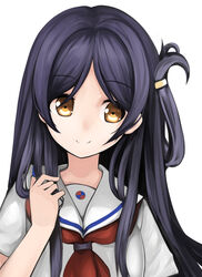  black_hair brown_eyes close-up commentary_request female folded_hair hachachi high_school_fleet long_hair looking_to_the_side marikouji_kaede one_side_up school_uniform serafuku short_sleeves simple_background smile solo upper_body white_background yokosuka_girls_marine_high_school_uniform 