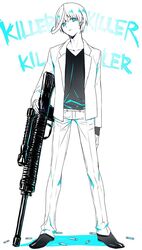  1boy arms_at_sides black_shirt blue_eyes commentary copyright_name danganronpa_(series) danganronpa_gaiden:_killer_killer fujigawa_shuuji full_body gun highres jacket long_sleeves looking_at_viewer male_focus open_clothes open_jacket pants protected_link rifle shanshan_(wwwwwcojp) shell_casing shirt short_hair simple_background sniper_rifle solo spot_color suit_jacket v-neck weapon white_background white_pants white_shirt 