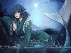  against_rock blue_eyes blue_hair branch bubble commentary_request female fins frilled_kimono frills head_fins japanese_clothes kimono lying mermaid monster_girl obi parted_lips partially_submerged sash sky solo touhou tsuizi wakasagihime water 