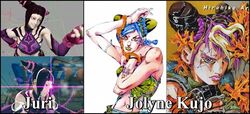  araki_hirohiko bellybutton blue_hair capcom character_name comparison double_bun jojo_no_kimyou_na_bouken juri_han kujo_jolyne kuujou_jolyne midriff navel stone_ocean street_fighter street_fighter_iv two-tone_hair 