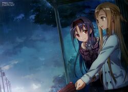  2girls absurdres ahoge alternate_universe asuna_(sao) brown_hair bunbun closed_umbrella hairband highres jacket konno_yuuki_(sao) long_hair multiple_girls official_art rain red_eyes red_hairband scan smile sweater sword_art_online tree umbrella 