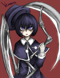  bad_id bad_pixiv_id black_hair blue_eyes capelet dress female franken_fran hat madaraki_veronica mechanical_arms photoshop_(medium) ray-k scythe short_hair solo stitches weapon 